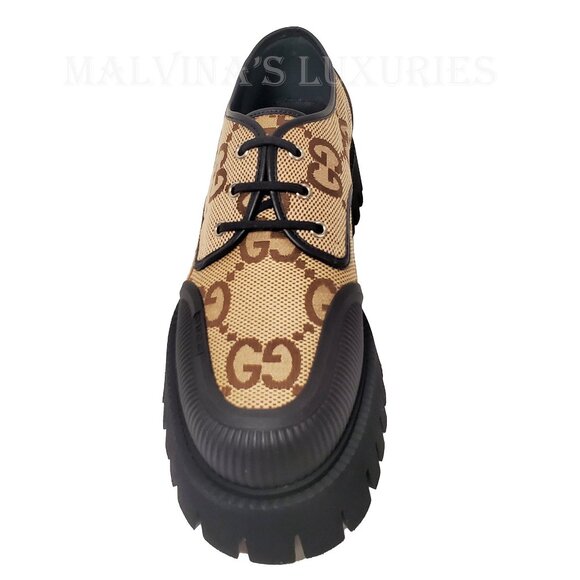 GUCCI SHOES MENS MAXI GG CANVAS LACE-UP LOAFERS w LUG SOLE - Picture 9 of 15